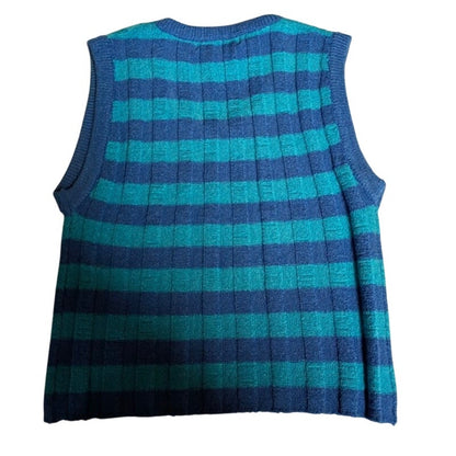 Jamie Scott knit Large Blue Teal striped Sleeveless Sweater top preppy 90s Mod