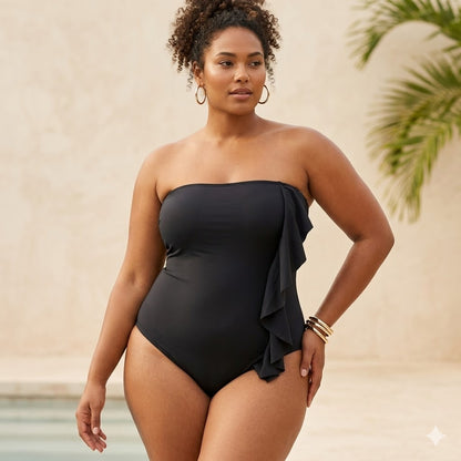 DKNY NEW Swimsuit Size 18 Black One Piece Removable strap Halter  ruffle