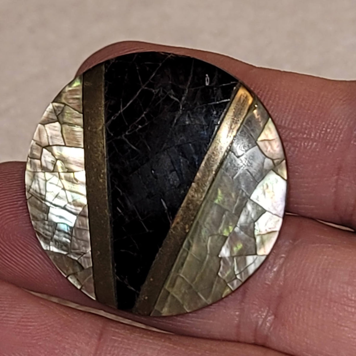Vintage 1970s geometric clip on earrings Black Gold Abalone Crackle Round Metal