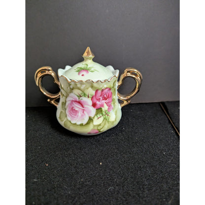 Vintage Lefton Green Rose Lidded Sugar Bowl Porcelain Gold Gilt 3066