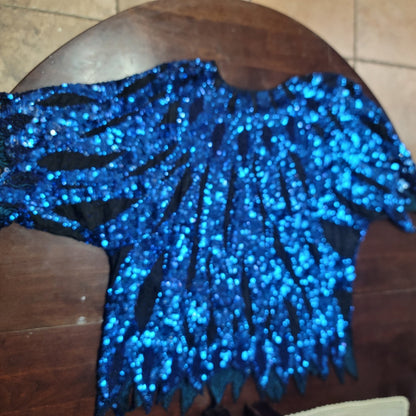 Vintage SILK blue sequin formal womens top jagged hem 80s M/L Handstitched