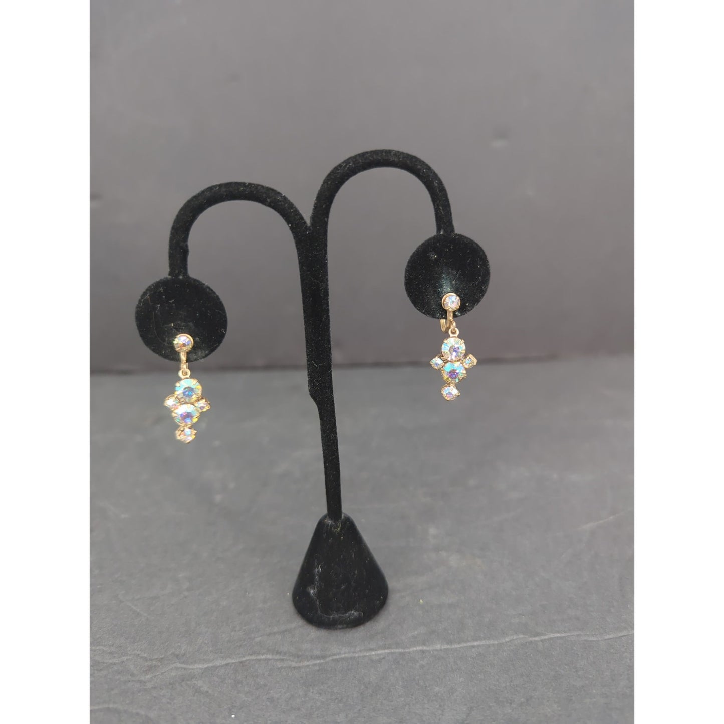 Vintage Gold Tone Aurora Borealis AB Rhinestone Dangle Drop Screw Back Earrings