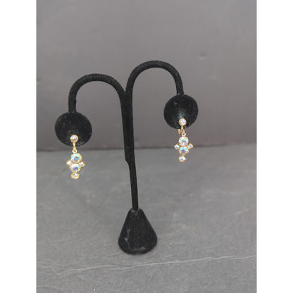 Vintage Gold Tone Aurora Borealis AB Rhinestone Dangle Drop Screw Back Earrings