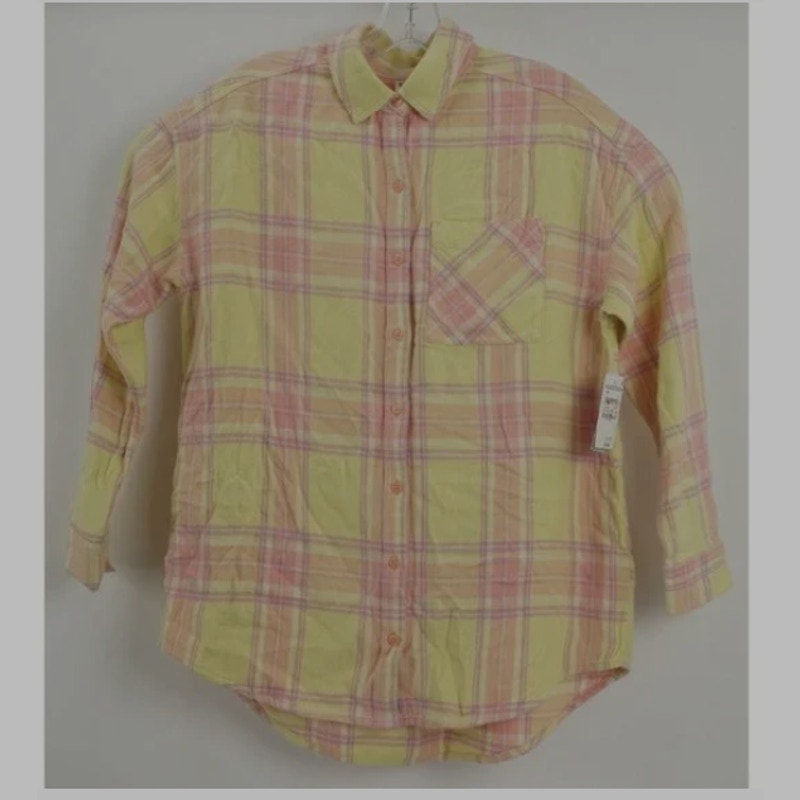 BP. Boyfriend Plaid Button-up Shirt Trevor Plaid Collared Neck Pink Yellow SMALL