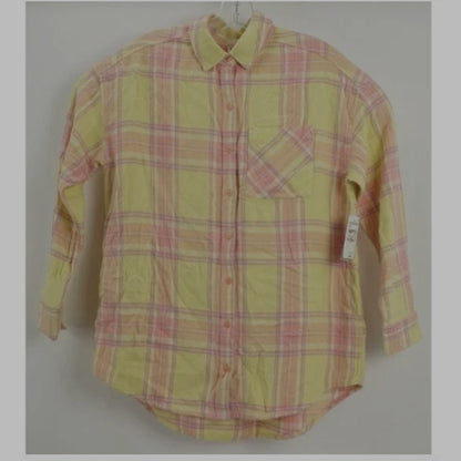 BP. Boyfriend Plaid Button-up Shirt Trevor Plaid Collared Neck Pink Yellow SMALL