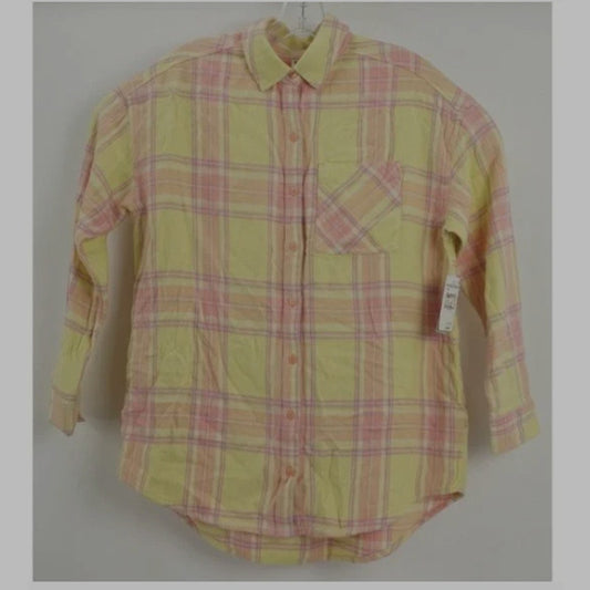 BP. Boyfriend Plaid Button-up Shirt Trevor Plaid Collared Neck Pink Yellow SMALL
