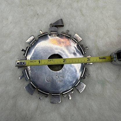 Tribal Falda Art Taxco Sterling Green Turquoise Raw Stone Sun Calendar Pendant