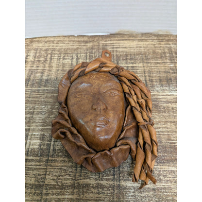 Vintage 80s Sculpted Leather Wall Mask MCM Brutalist Boho Art Handwoven Large 8"