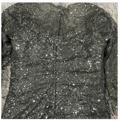 La Femme 28065 Gunmetal Sequin Gown Size 12 Formal Maxi Wedding 3/4 Sleeve NEW