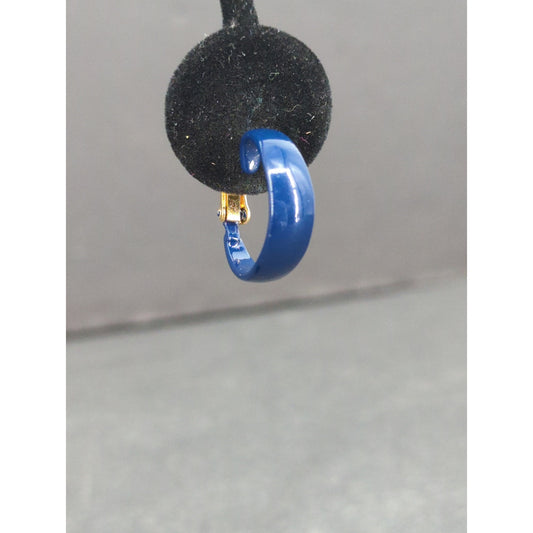 Vintage Blue Enamel Hoop Dangle Earrings Gold Tone Clip On Huggie Drop