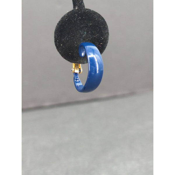 Vintage Blue Enamel Hoop Dangle Earrings Gold Tone Clip On Huggie Drop