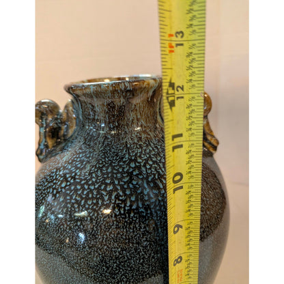 Vintage Studio Pottery Drip Glaze Urn Vase Double Handle Metallic Textured 12"