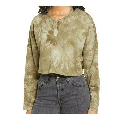 NWT BP Oversize Crop Crew Long Sleeve Sweatshirt Sz Small Green Tie Dye/Camo