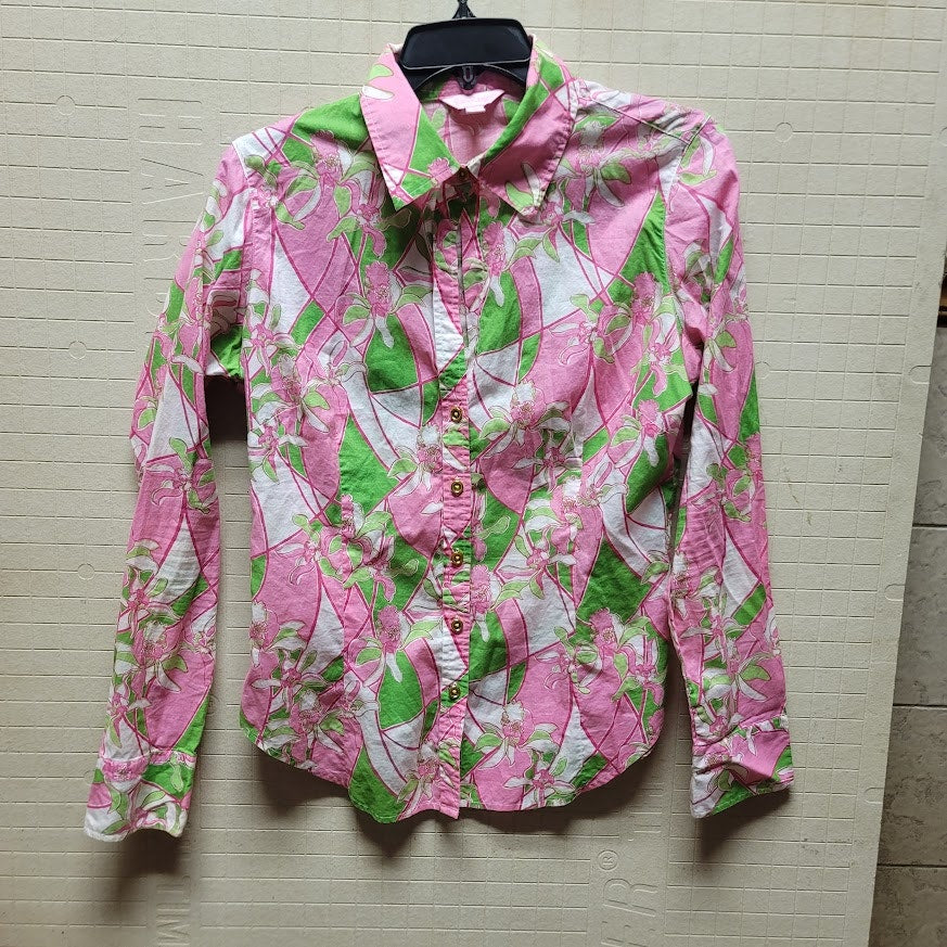 Lilly Pulitzer Size 10 Womens 100% Cotton gold Button Up blouse top Pink Green