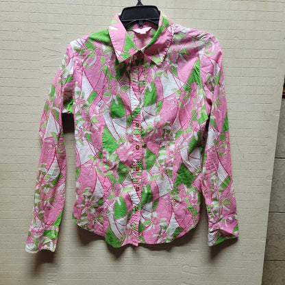 Lilly Pulitzer Size 10 Womens 100% Cotton gold Button Up blouse top Pink Green