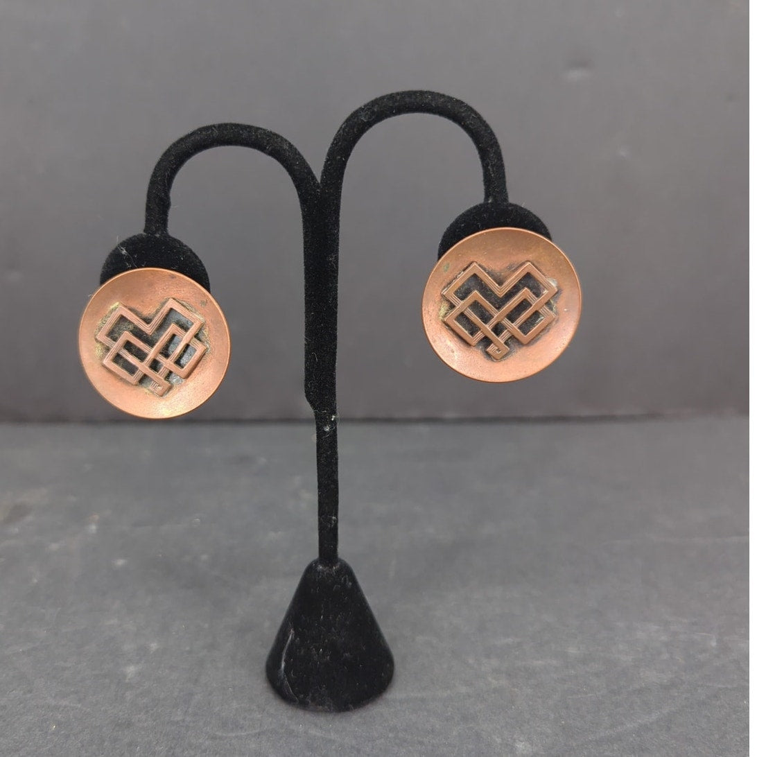 Vintage Copper Diamond Geometric Clip On Earrings Mid Century Modern