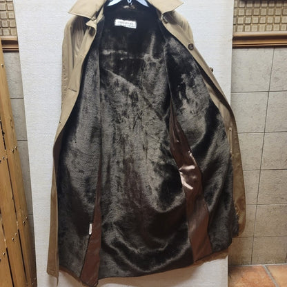 Mackintosh Trench Full length Coat Jacket Faux Fur Lined Hood Size 12 HEAVY tan