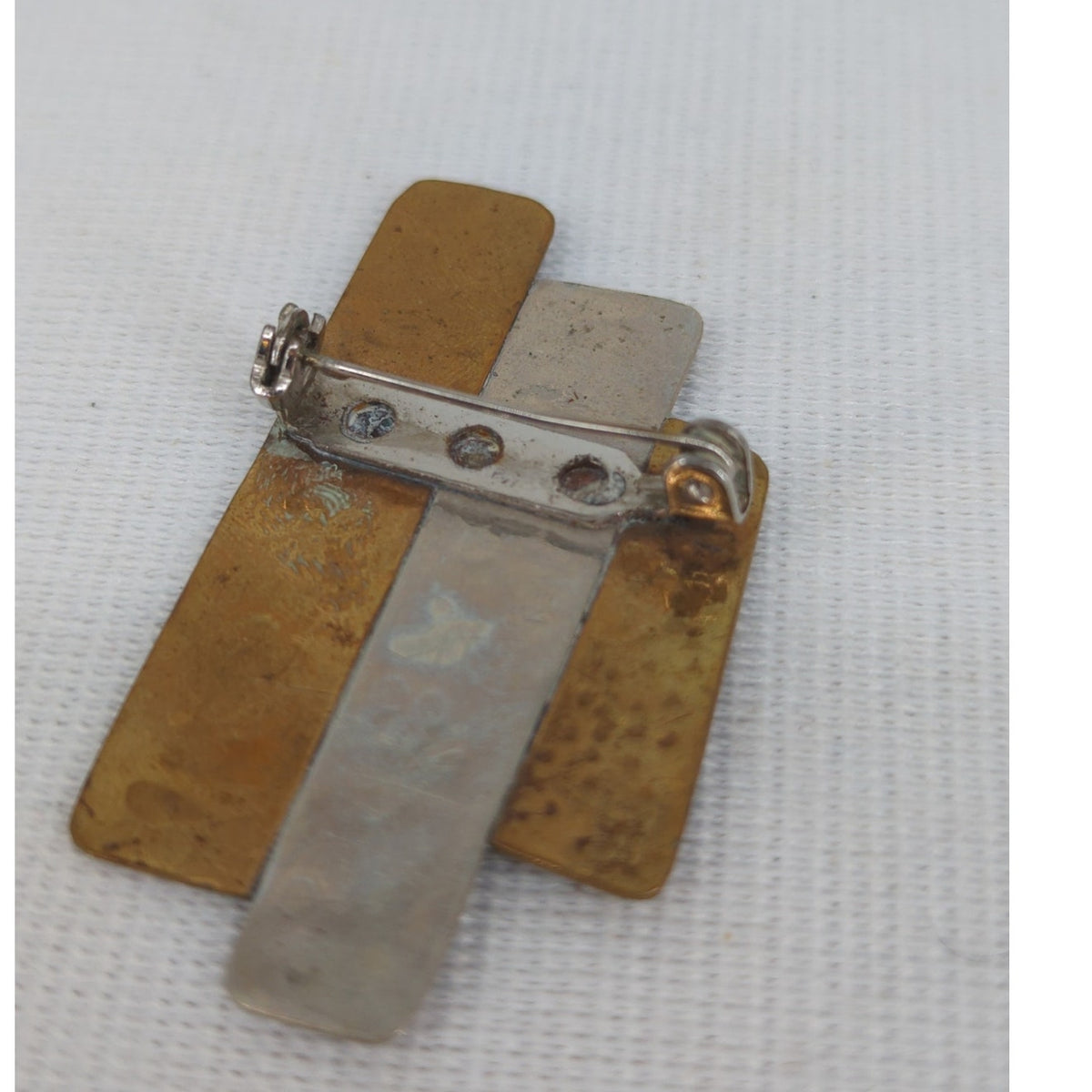 Vintage Handmade Mixed Metal Brutalist Brooch Pin Hammered Silver Copper Bronze