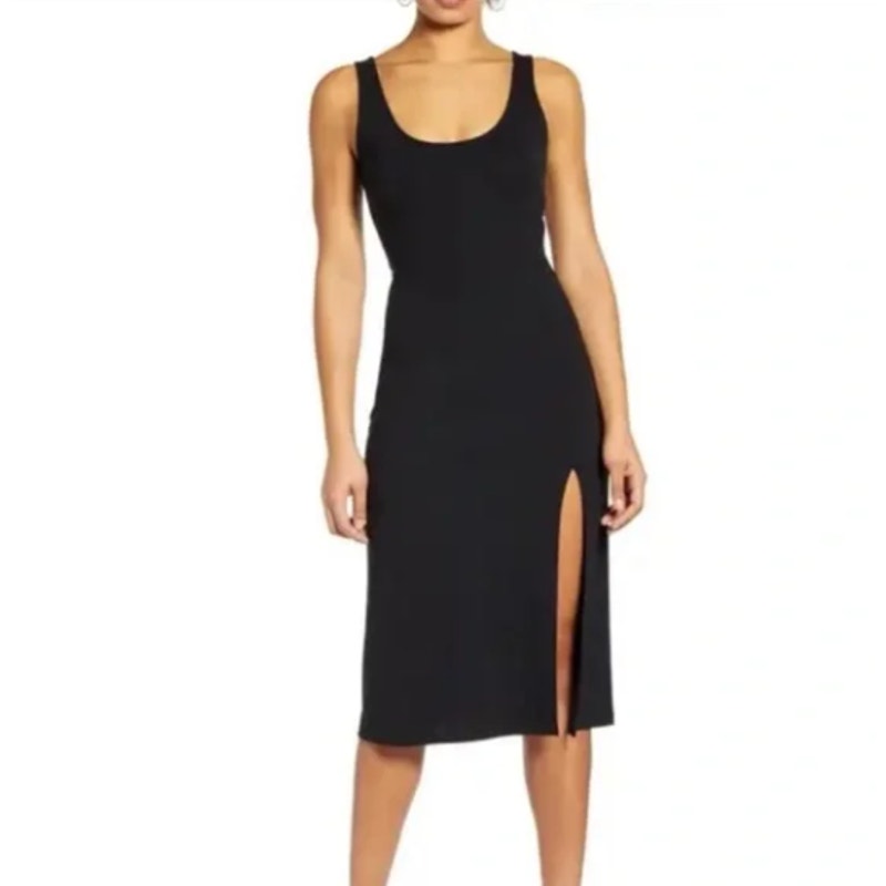 Leith Scoop Neck Midi Dress Black Size Small bodycon LBD sleeveless New cocktail