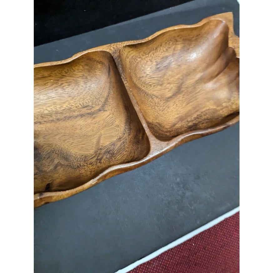 Vintage divided nut tray serving bowl Monkey Pod wood 13.5"