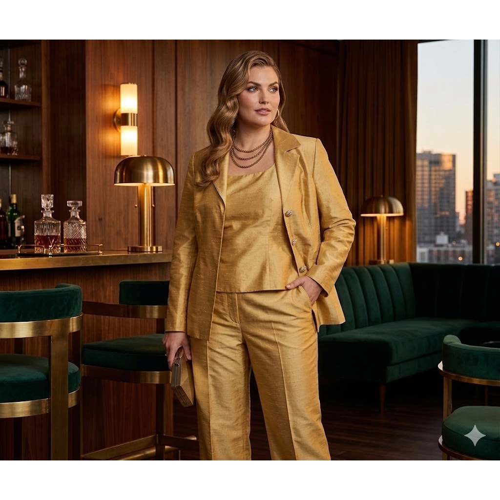 3 pc. Size XL Raw Silk Gold Pantsuit Bloomingdale's Vintage Jeweled Glamour