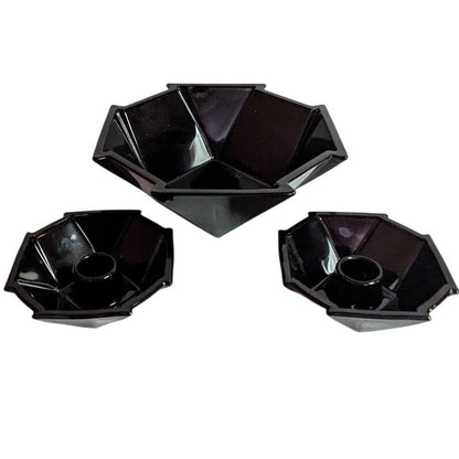 3 pc. Fostoria Black Glass Bowl & Pair Matching Candle holder Geometric Sakier