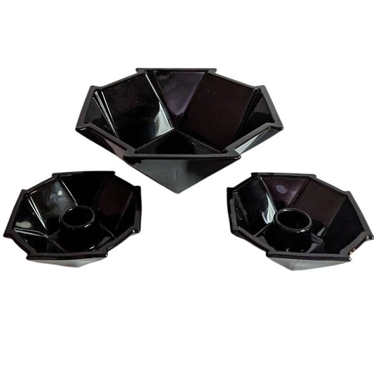 3 pc. Fostoria Black Glass Bowl & Pair Matching Candle holder Geometric Sakier
