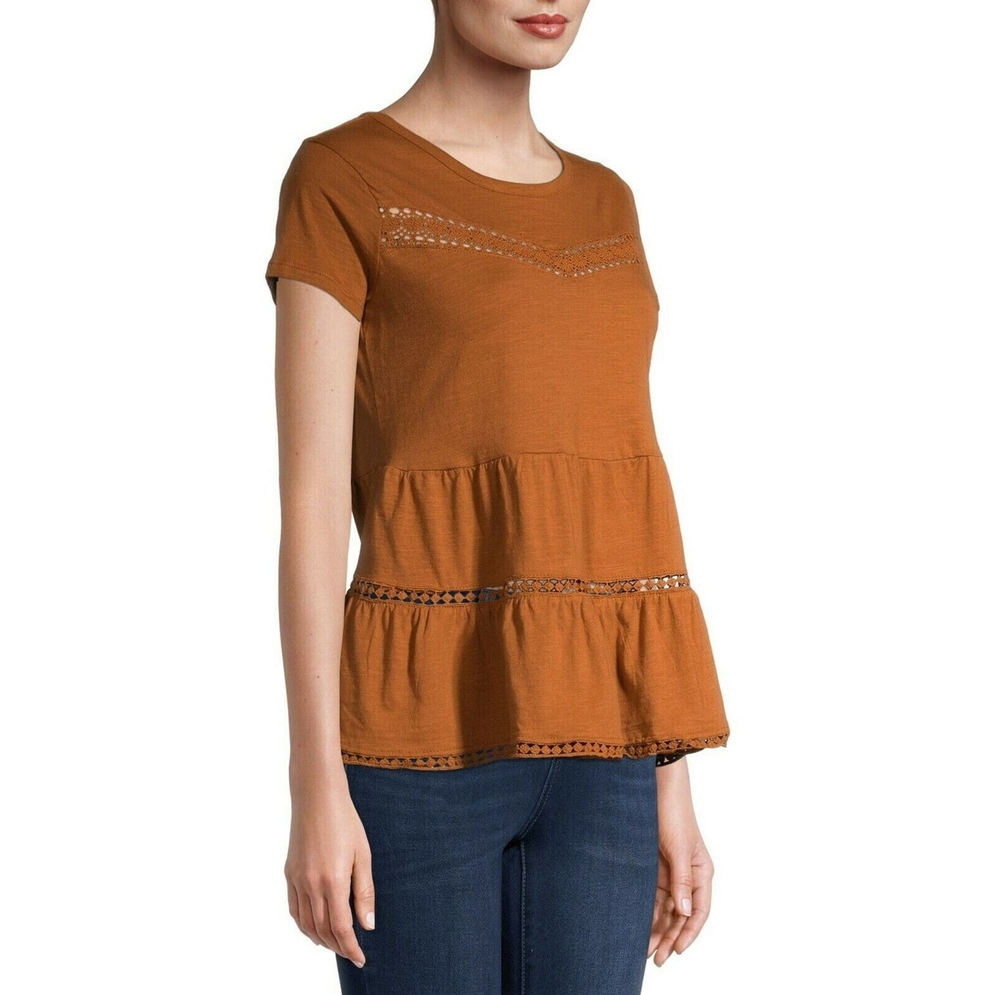 Derek Heart Juniors Babydoll Tiered Pullover Top LARGE Rusty Brown/Orange NWT