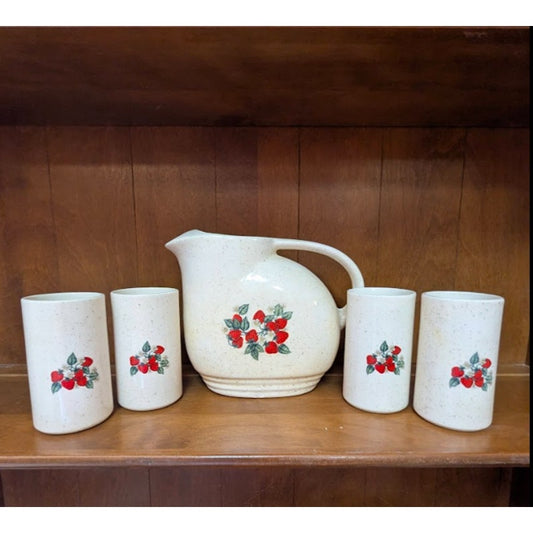 Vintage Ceramic Strawberry Pitcher Set Tumblers Cottagecore Retro Pottery 5pc