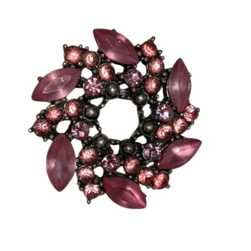 Vintage Pink Rhinestone Wreath Brooch 3.5cm Silver Metal Sandblasted Glass Pin