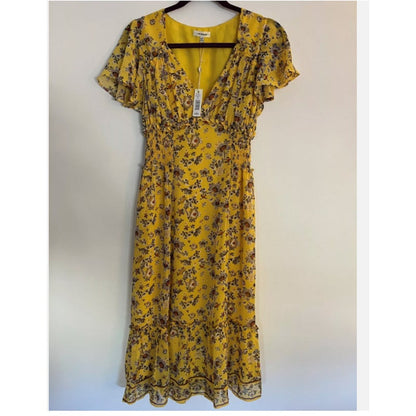 Max Studio Floral Ruffle Flutter Sleeve Dress Yellow Medium Gold Spring NEW