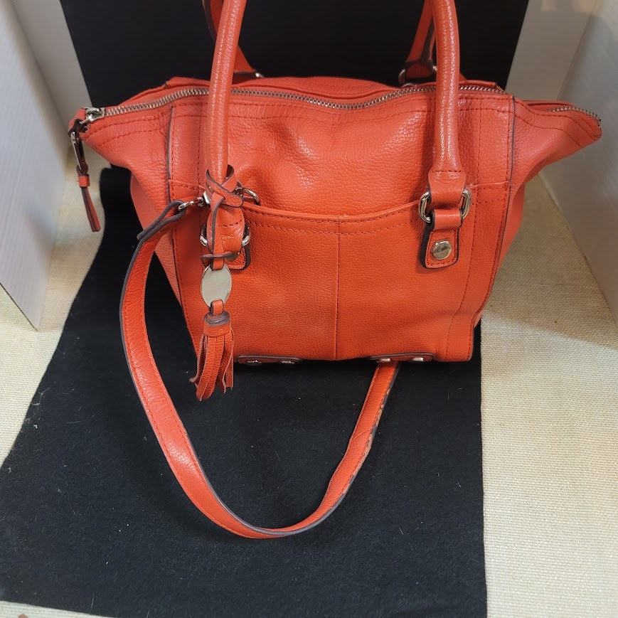 Tignanello Vibrant Orange Pebbled Leather Satchel Crossbody Bag Top Handle