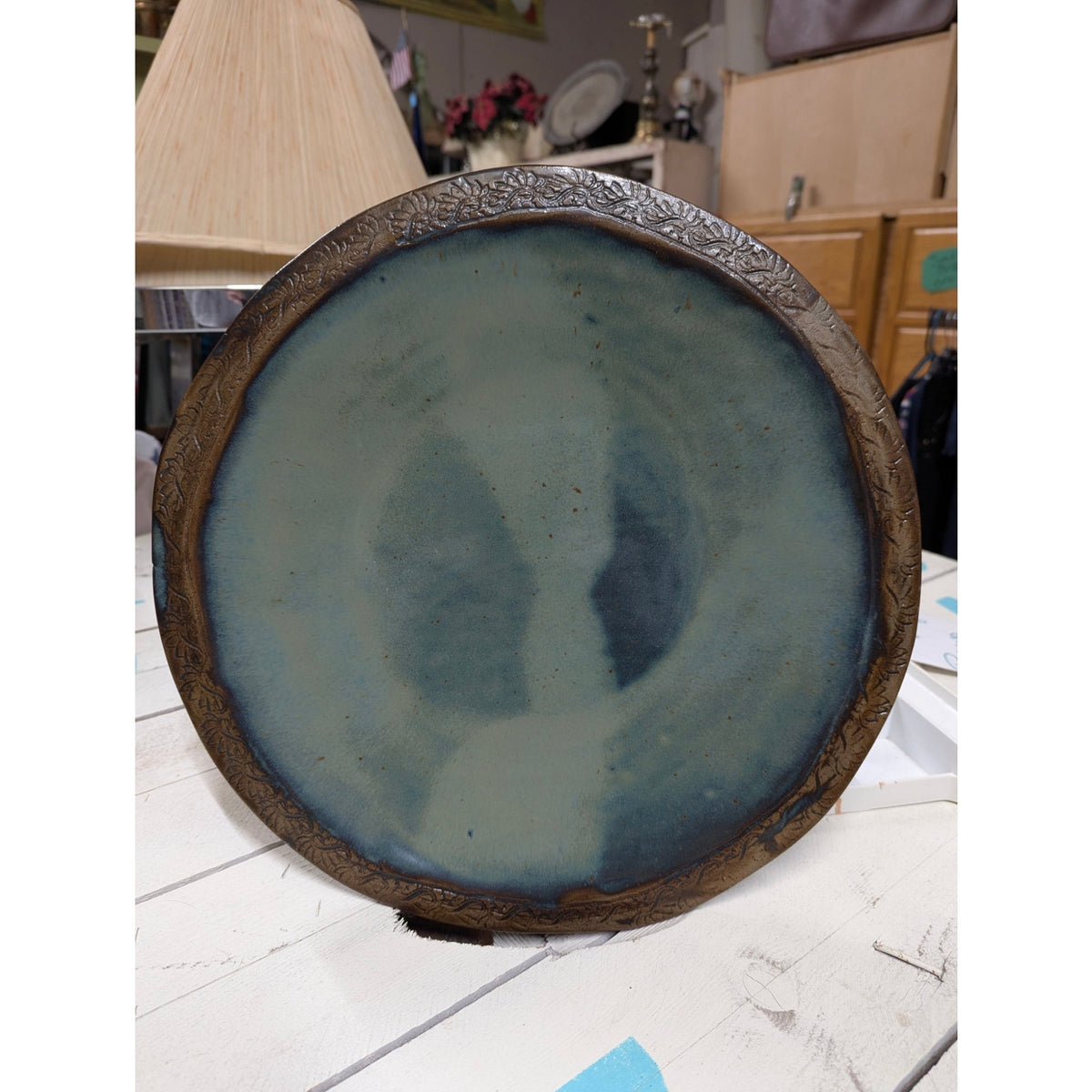 Handmade Studio Pottery Platter 15" Round Etched Rim Earthy Glaze Stoneware