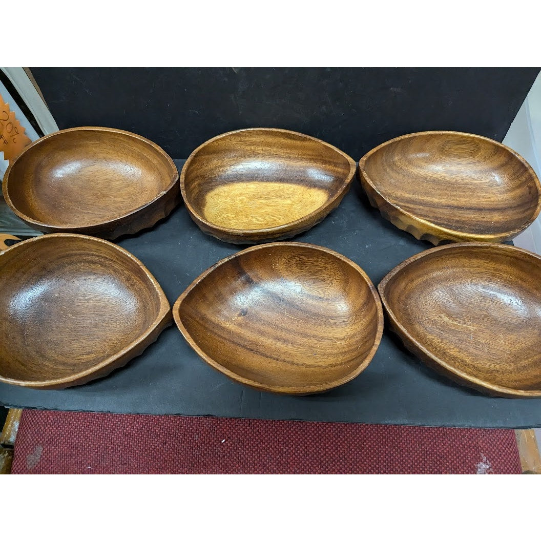 Vintage 1980s Acacia monkeypod wood Caesar salad bowl 7 pc. set serving oval