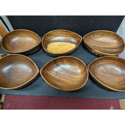 Vintage 1980s Acacia monkeypod wood Caesar salad bowl 7 pc. set serving oval