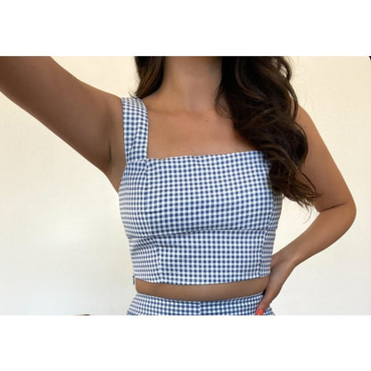 Follow The Sun Blue Gingham Crop Top Lulus EXTRA LARGE new side zip Cotton blend