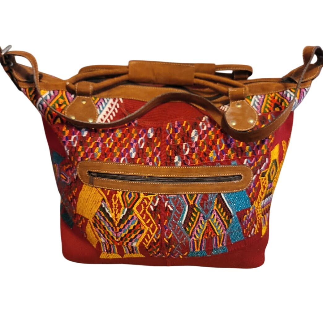Soul Shine Huipil weekender Leather Embroidery Large Tote Purse Guatamala