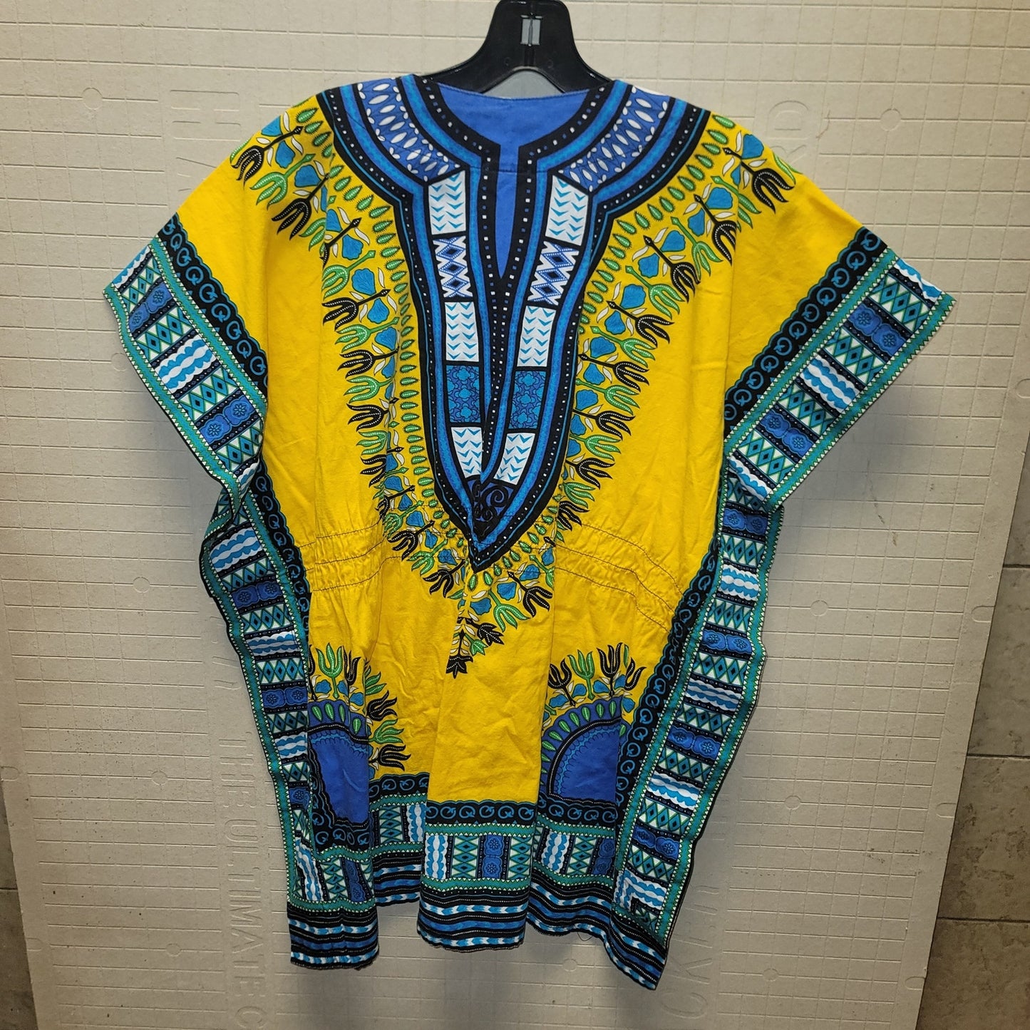 Dashiki Print Shirt Poncho Blouse Elastic Waist Cotton One Size Blue Yellow