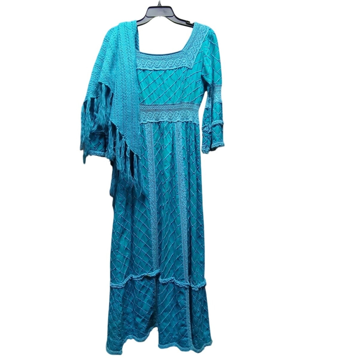 Vintage BOHO Teal Blue dress Maxi dress /Shawl Mexican Wedding Pintuck 2 pc Set