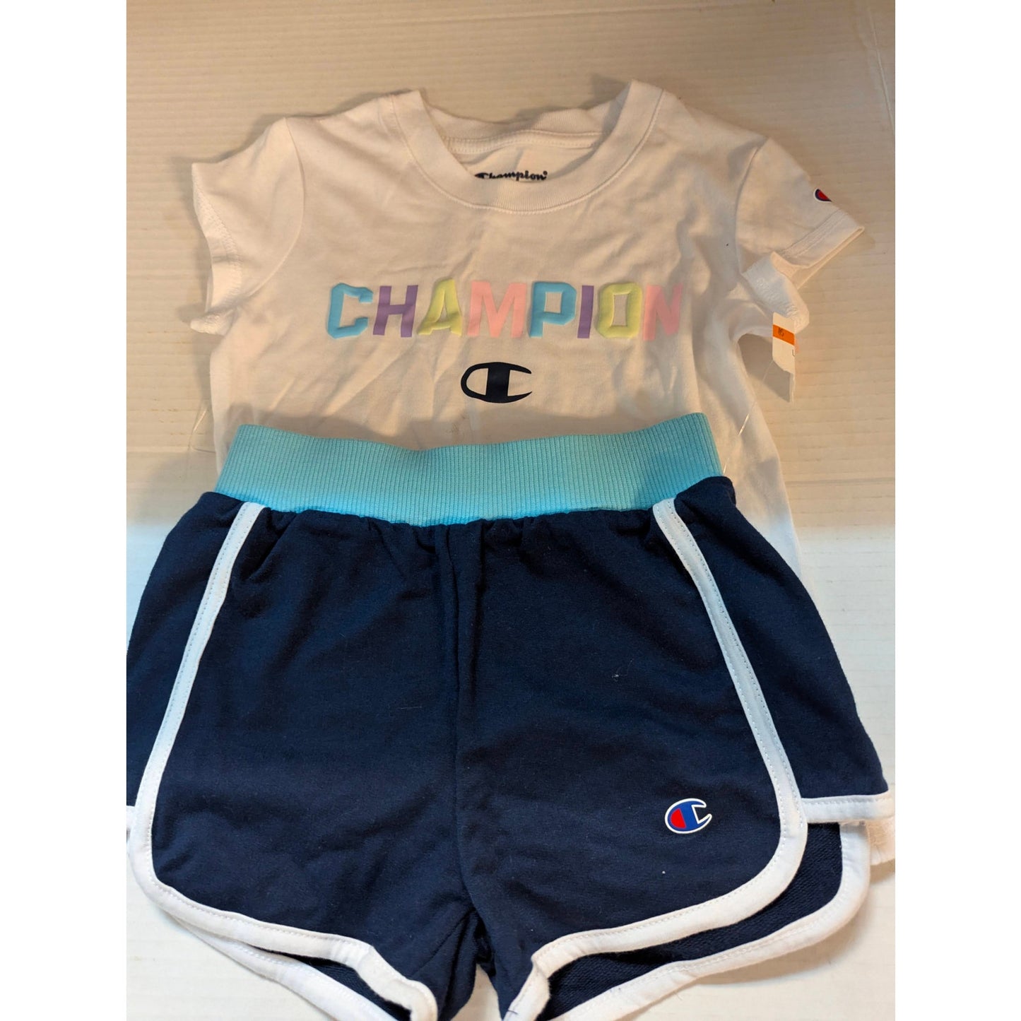 Champion Girls 2 Piece Short and Tee Set White Navy Size 4 NWT