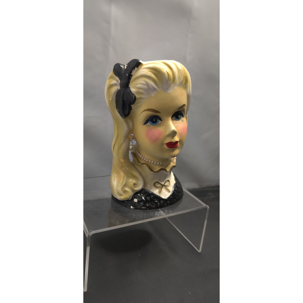 Retro MCM Kitsch Planter Blonde Lady Headvase Black Bow Glam Side Pony Vase
