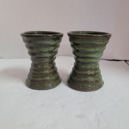 Pair sage green priory vases 4.5" talltwo tone gloss glaze Handmade clay pottery