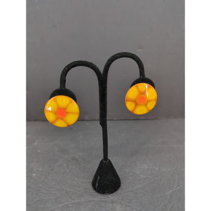 Vintage W. Germany Hand Painted Enameled Metal ClipOn Earrings Orange Yellow
