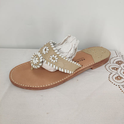 Palm Beach Sandals Tan and White Leather Flat Sandals Size 10 Made in USA