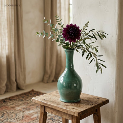 Handmade Contemporary Style Green Long-Neck Studio Art Pottery Vase GY / JY