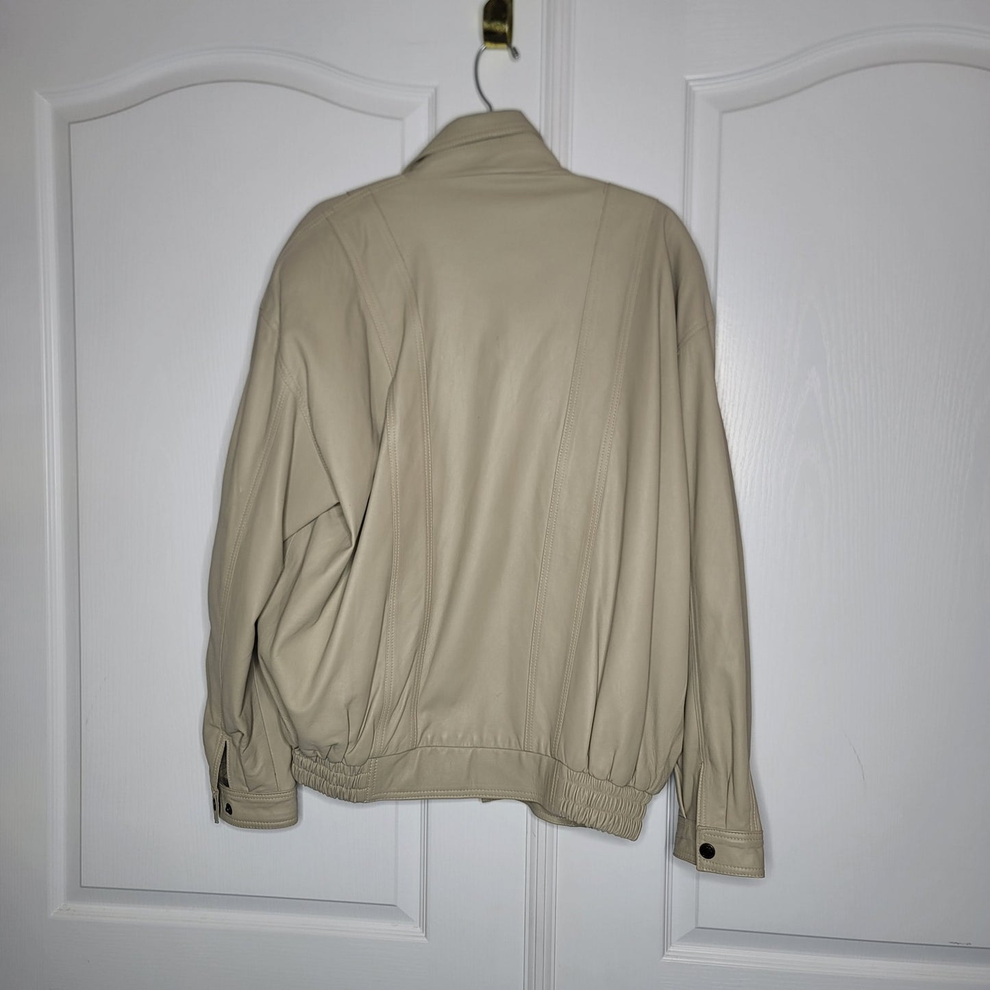 Vintage Grandpa Zip Up Jacket Cream Faux Leather Mens Large Pockets