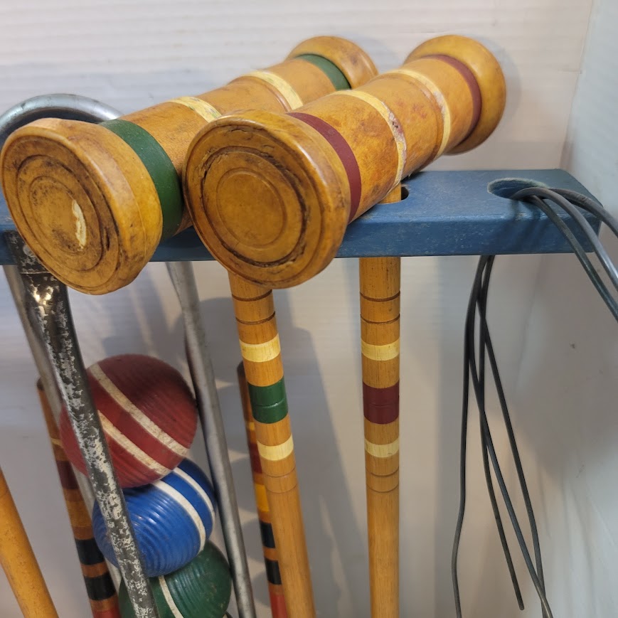 Vintage Wooden Croquet Set with Blue Storage Stand Lawn Classic Game