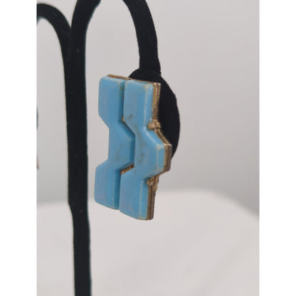 Vintage Mid Century Blue Geometric Zig Zag Clip On Earrings Retro Mod Statement
