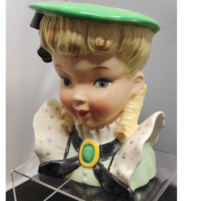 Vintage 1950s Blonde Lady Head Vase Planter Green Hat Polka Dot Bow Kitsch MCM