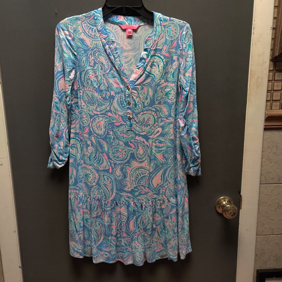 XXS Lilly Pulitzer charlee tunic dress in zanzibar blue fish kiss print